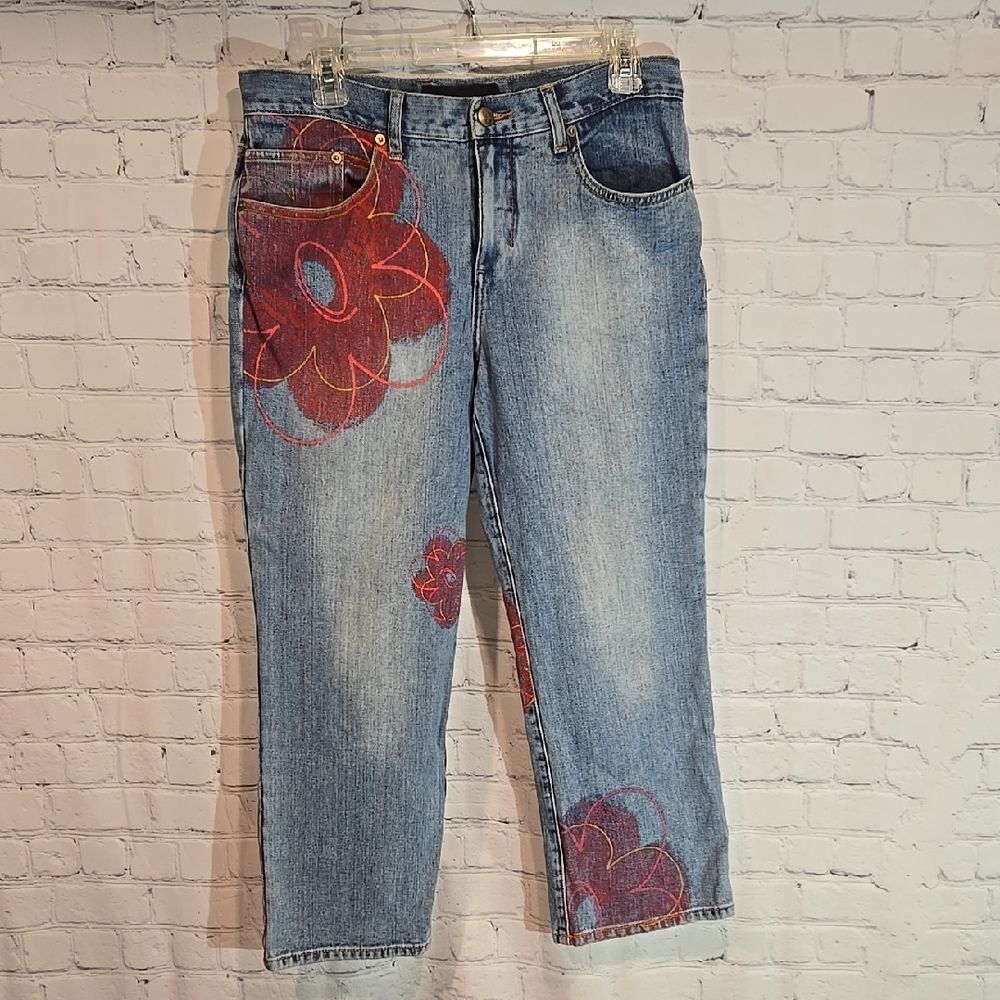 Express Blue Jeans with Red Floral Design